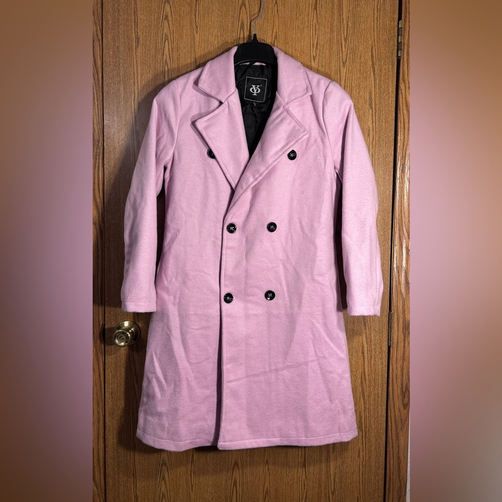 Bubblegum Pink Faux Wool Button Down Long Pea Coat - Picture 2 of 5
